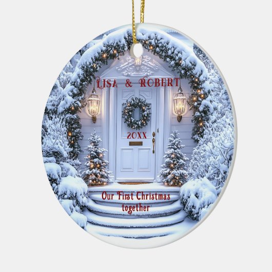 冬のホワイトドアリース初めてのクリスマスを一緒に セラミックオーナメント (左)