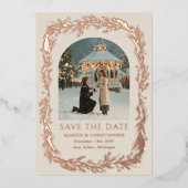冬のボタニカルフレーム写真付きSave the Date 箔シーズンカード (正面)