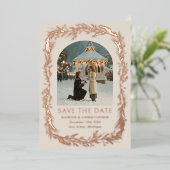 冬のボタニカルフレーム写真付きSave the Date 箔シーズンカード (立ち正面)