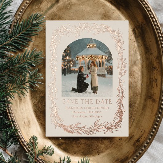 冬のボタニカルフレーム写真付きSave the Date 箔シーズンカード