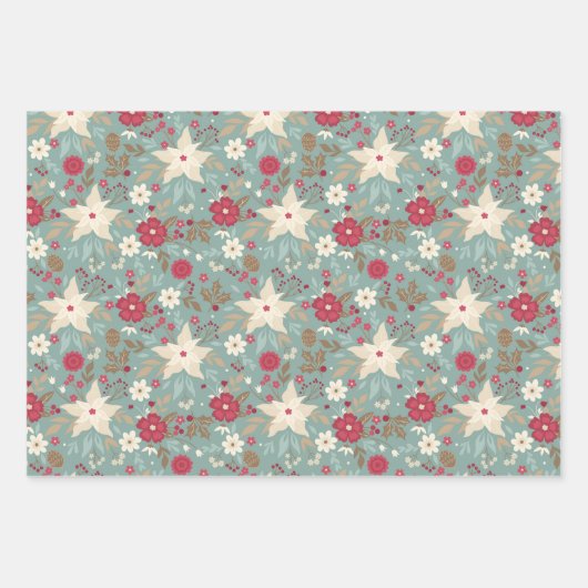 冬のポインセチアの格子状伝統的クリスマス ラッピングペーパーシート (正面)