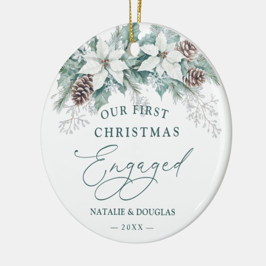 冬のポインセチア私たちの最初のクリスマスをパイン婚約した セラミックオーナメント (左)