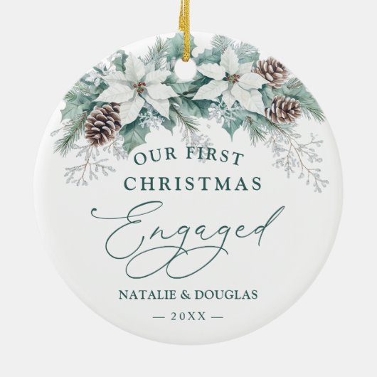 冬のポインセチア私たちの最初のクリスマスをパイン婚約した セラミックオーナメント (裏面)