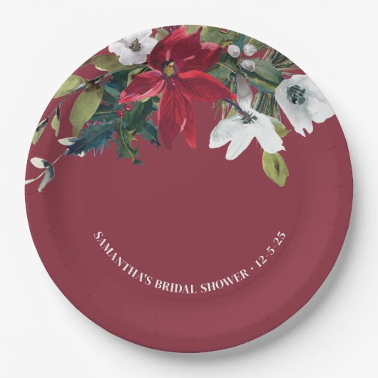 冬のポインセチア ブライダルシャワー ペーパープレート (正面)