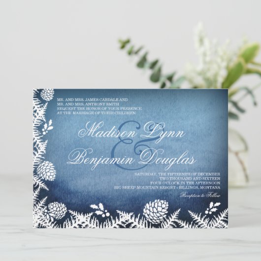 冬のマツ円錐形の休日の青の結婚式招待状 招待状 (スタンド正面)