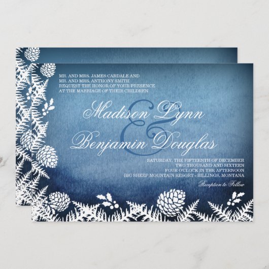 冬のマツ円錐形の休日の青の結婚式招待状 招待状 (正面/裏面)