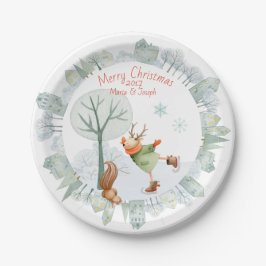 冬のメリークリスマスアイススケートで滑る鹿 ペーパープレート