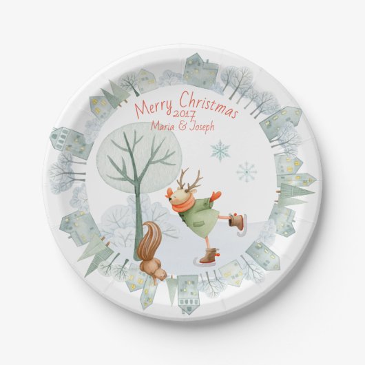 冬のメリークリスマスアイススケートで滑る鹿 ペーパープレート (正面)