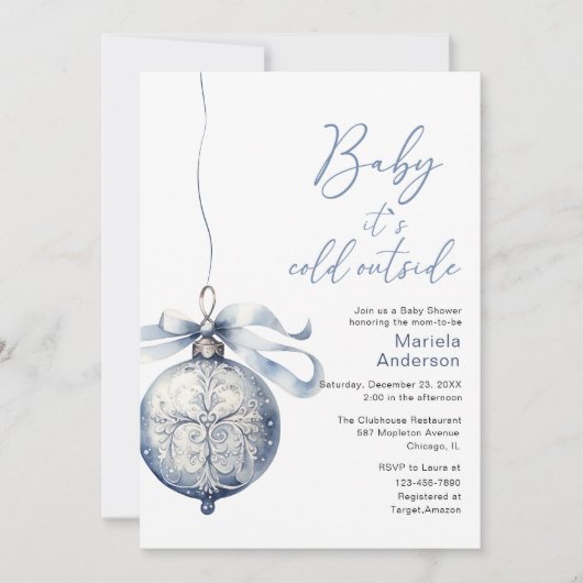 冬のメリークリスマスウォーター色ベビーシャワーママ –  招待状 (正面)