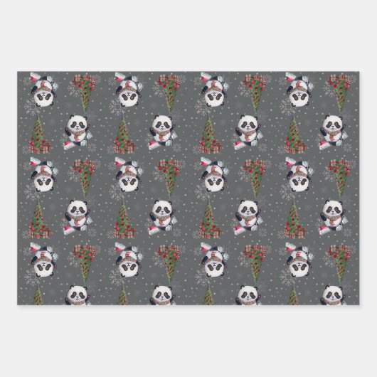 冬のモダンおもしろいパンダレッドピンクグレークリスマス ラッピングペーパーシート (正面)
