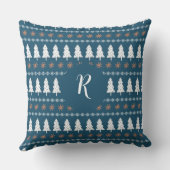 冬のモダンクリスマスツリーパターンモノグラムブルー クッション (裏面)