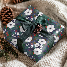 冬のモダンクリスマスフローラルパターン ラッピングペーパー