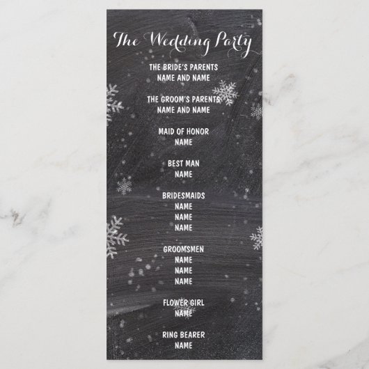冬のモダンスノーフレークの黒板ウェディングプログラム プログラム (裏面)