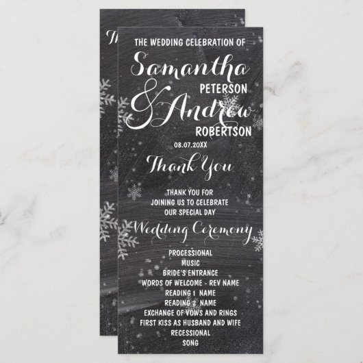 冬のモダンスノーフレークの黒板ウェディングプログラム プログラム (正面/裏面)