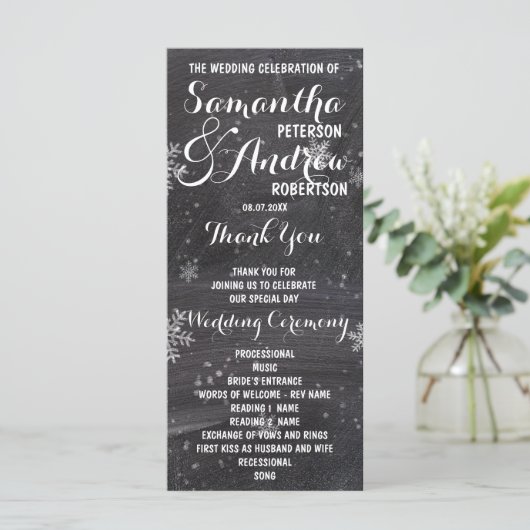 冬のモダンスノーフレークの黒板ウェディングプログラム プログラム (スタンド正面)
