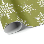 冬のモダンスノーフレークオリーブグリーンホリデー ラッピングペーパー (ロールコーナー)