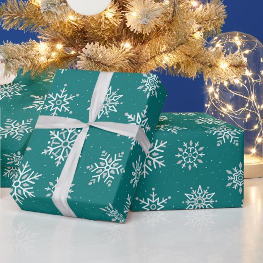 冬のモダンスノーフレークブルーグリーンホリデー ラッピングペーパー (クリスマス)