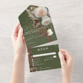 冬のモダンバラ&レッドベリーグリーンディナー オールインワン招待状 (貼ってはがせる)