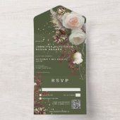 冬のモダンバラ&レッドベリーグリーンQRコード オールインワン招待状 (内側)