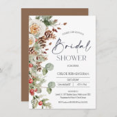 冬のモダンフローラパインコーンブライダルシャワー 招待状 (正面/裏面)