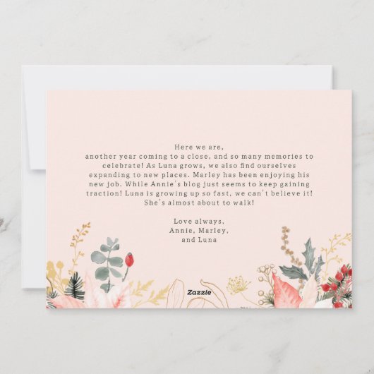 冬のモダンフローラピンクああ何おもしろいワンフォト シーズンカード (裏面)