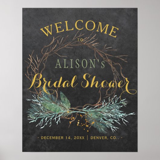 冬のモダンリースブライダルシャワー歓迎サイン ポスター (正面)