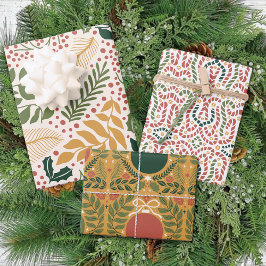 冬のモダン消音オーナメント葉のクリスマス ラッピングペーパーシート