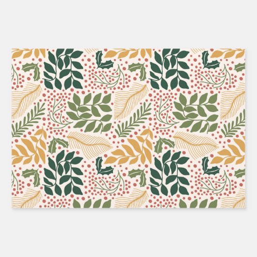 冬のモダン消音オーナメント葉のクリスマス ラッピングペーパーシート (正面)