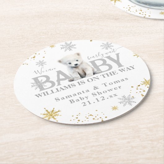 冬のモダン真夏待ち赤ちゃんシャワーへようこそ ラウンドペーパーコースター (アングル)