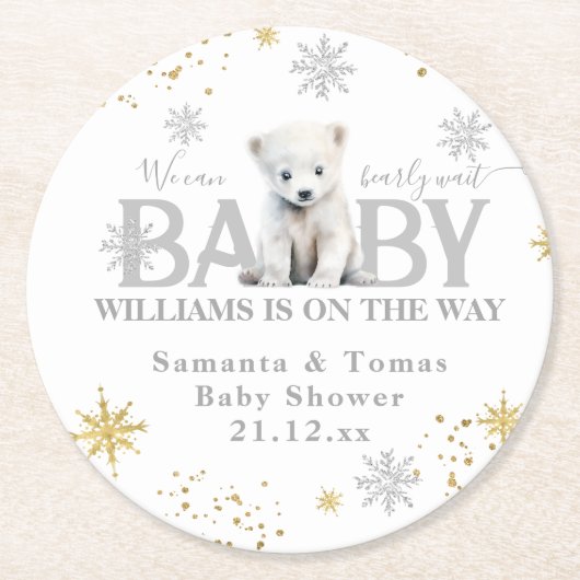 冬のモダン真夏待ち赤ちゃんシャワーへようこそ ラウンドペーパーコースター (正面)