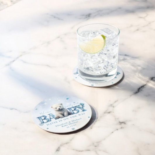 冬のモダン真珠の待ち赤ちゃんシャワー ラウンドペーパーコースター