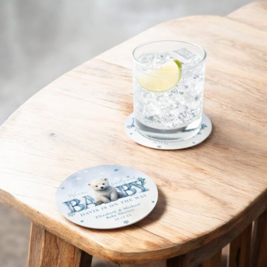 冬のモダン真珠の待ち赤ちゃんシャワー ラウンドペーパーコースター