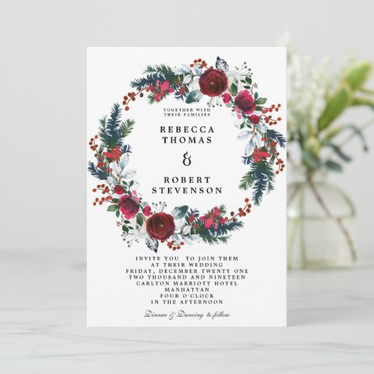 冬のモダン結婚式のブルゴーニュフローラリース 招待状 (スタンド正面)