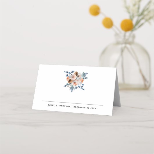 冬のモダン花模様名日結婚の場所の車 プレイスカード (正面)