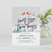 冬のモダン赤ちゃんシャワー甘い小さな双子の少年 招待状 (スタンド正面)