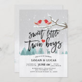 冬のモダン赤ちゃんシャワー甘い小さな双子の少年 招待状 (正面/裏面)