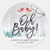 冬のモダン赤ちゃんシャワー雪のシーン鳥トナカイ ラウンドシール (正面)