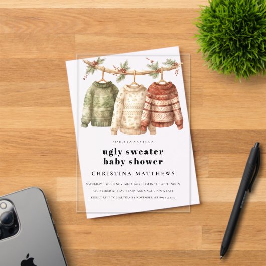 冬のモダン醜いセーター赤ちゃんシャワー アクリル招待状 (インサイチュ (招待状))