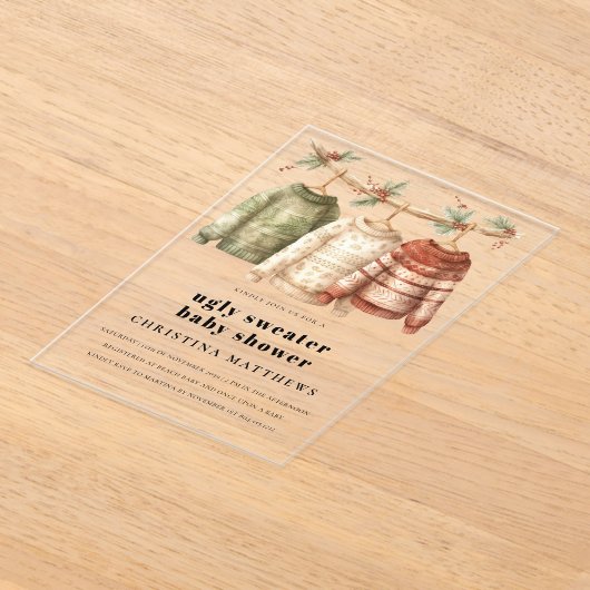 冬のモダン醜いセーター赤ちゃんシャワー アクリル招待状 (レイダウン)