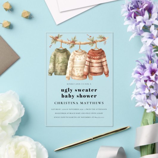 冬のモダン醜いセーター赤ちゃんシャワー アクリル招待状 (インサイチュ (ウェディング))
