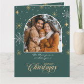 冬のモダン雪片フォトグリーンクリスマス カード (正面)