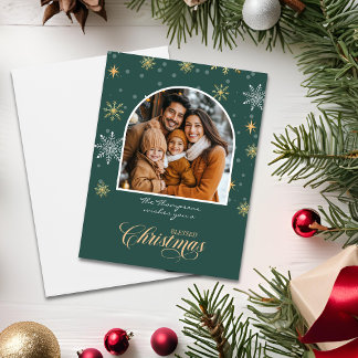 冬のモダン雪片フォトグリーンクリスマス カード