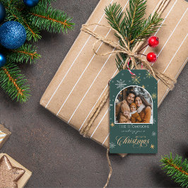 冬のモダン雪片フォトグリーンクリスマス ギフトタグ