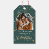 冬のモダン雪片フォトグリーンクリスマス ギフトタグ (正面)