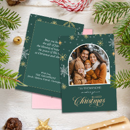 冬のモダン雪片フォトグリーンクリスマス シーズンカード