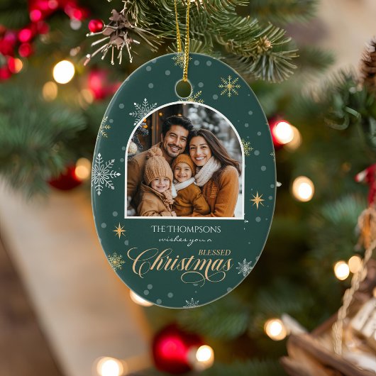 冬のモダン雪片フォトグリーンクリスマス セラミックオーナメント