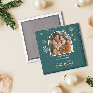 冬のモダン雪片フォトグリーンクリスマス マグネット