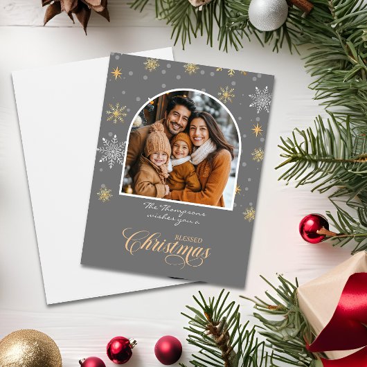 冬のモダン雪片フォトグレークリスマス カード