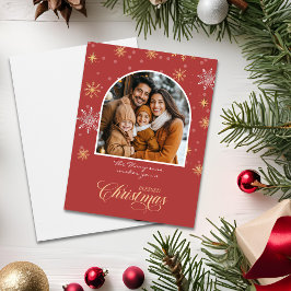 冬のモダン雪片フォトレッドクリスマス カード