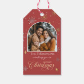 冬のモダン雪片フォトレッドクリスマス ギフトタグ (正面)